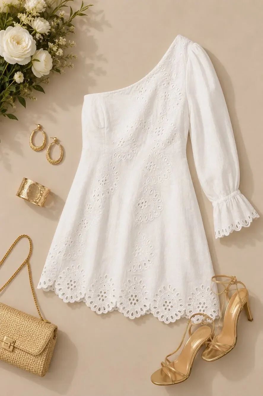 Hill House Home Milla Dress White Linen One Shoulder Eyelet Mini Dress M NWT